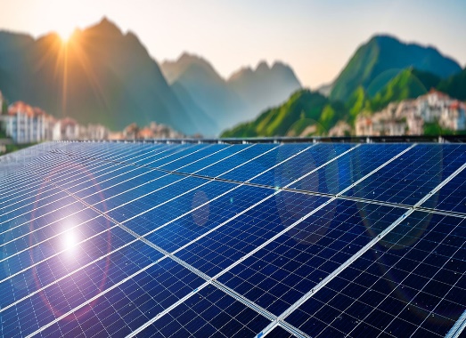 Solar photovoltaic panels at sunrise